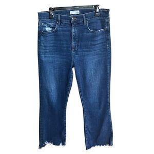 LOFT The Kick Crop Blue Denim Cropped Ankle Flare Jeans Size 14 Raw Hem